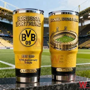 Two Borussia Dortmund inspired tumblers with yellow and black design BVB crest Signal Iduna Park stadium artwork and polished metal base placed on a stadium background!