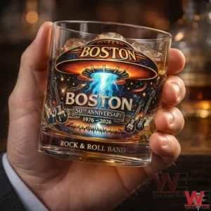 Close up of a hand holding a Boston fiftieth anniversary rock band whiskey glass with ice and detailed music themed design!