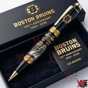 Premium Boston Bruins anniversary pen set in black and gold inside a branded gift box with logo and 102nd Anniversary 1924 2026 text.