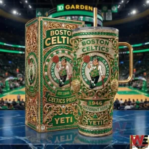 A detailed Boston Celtics insulated tumbler with straw and handle stands next to a matching ornate box featuring the team logo year 1946 and Celtic themed decorations inside a professional basketball arena!