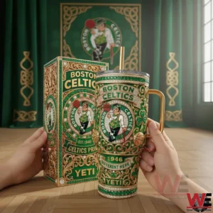 Boston Celtics 1946 Different Here Yeti 40oz Tumbler 3 Hands holding a Boston Celtics insulated tumbler with straw and handle beside a matching ornate box decorated with green gold patterns team emblem and historical branding in an indoor display!