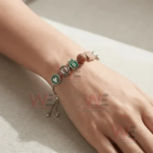 Adjustable charm bracelet on a wrist with Boston basketball themed charms including clover logo mascot logo jersey number and basketball charm!