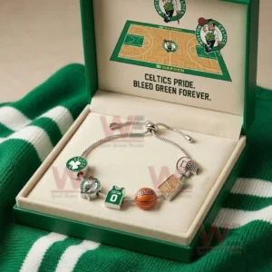 Silver adjustable charm bracelet in a green gift box with Celtics Pride Bleed Green Forever text and Boston basketball themed charms including clover logo mascot logo jersey number basketball court and hoop!