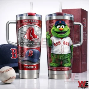 Two Boston Red Sox anniversary tumblers with straws and a matching box featuring the red socks emblem and a green mascot design.
