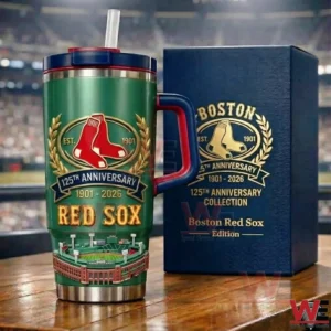 Fenway green Boston Red Sox 125th Anniversary insulated tumbler with handle and straw beside a navy gift box with gold anniversary crest.