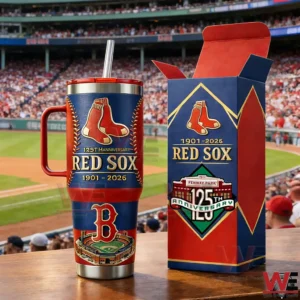 Hands holding two Boston Red Sox tumblers with anniversary and mascot designs against a baseball stadium background.