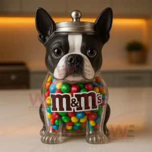 Boston Terrier M&M Candy Jar 3 Boston Terrier candy jar full of colorful chocolate candies on a kitchen counter with soft lighting.