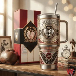 Boxing themed stainless tumbler with ornate gloves emblem on a wooden table!