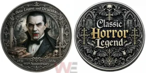 A double sided gothic horror coin displaying a classic vampire portrait with castle background and an opposing side filled with skull bats crosses and the words Classic Horror Legend!
