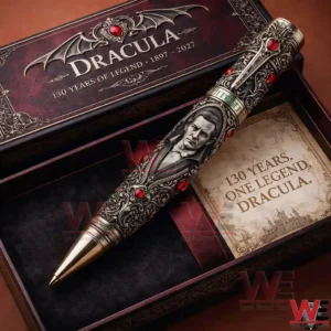 A close view of a Dracula commemorative pen placed inside a decorative box emphasizing intricate metalwork and a dark elegant theme!