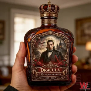 Hand holding a dark gothic Dracula themed liquor bottle with ornate artwork crown stopper and anniversary design!