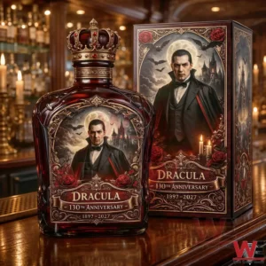 Dracula themed liquor bottle with matching illustrated box displayed on a wooden bar counter!