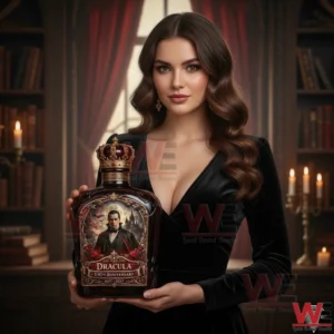 Elegant woman holding a Dracula themed anniversary liquor bottle in a candlelit classic interior!
