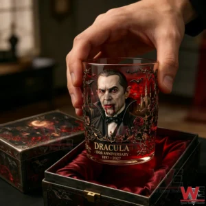 A close view of a Dracula anniversary glass with intricate artwork placed in a velvet lined decorative box creating a dark and luxurious atmosphere!