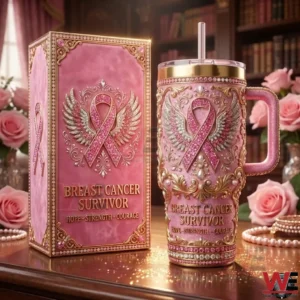 A Yeti tumbler and presentation box featuring a detailed pink ribbon survivor design showcased in a warm inspirational setting!