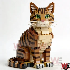 Brown tabby cat building brick figure with green eyes sitting on a white surface!
