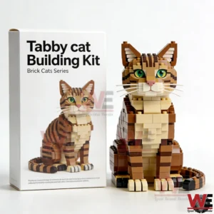 Brown tabby cat building brick model standing beside its Brick Cats Series box!