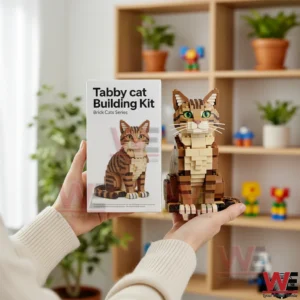 Hands holding a brown tabby cat building brick figure indoors with shelves behind!