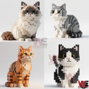 Group display of four brick built cat figures showing different coat patterns styles and sitting poses on a neutral background!