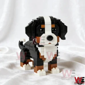 Brick Dogs Bernese Mountain Dog Building Brick Set 6 A Bernese Mountain Dog building brick figure displayed on a soft white fabric surface under natural light!
