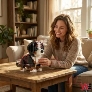 Brick Dogs Bernese Mountain Dog Building Brick Set 7 A woman smiling while touching a Bernese Mountain Dog brick model placed on a wooden table in a warm living room environment!