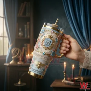 Hand holding an elegant insulated tumbler with floral patterns gold accents and a refined classic background!