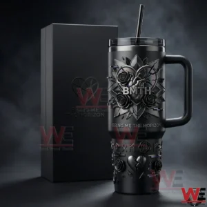 A Bring Me The Horizon insulated tumbler and black presentation box displayed in a dark studio environment!