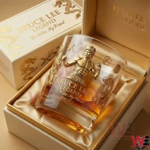 A Bruce Lee themed whiskey glass resting inside a premium presentation box with detailed artwork and a polished finish!