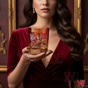 A woman holding a decorative whiskey glass with romantic tour artwork and elegant gold detailing!