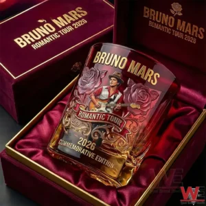 A whiskey glass with romantic tour artwork placed inside a premium velvet gift box!
