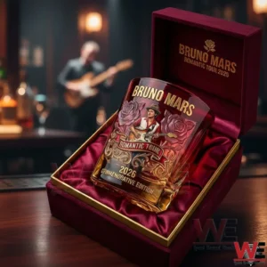 A decorative whiskey glass in a luxury box set on a music stage environment!