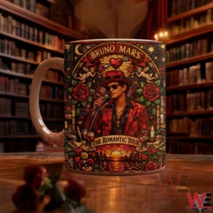 Romantic themed ceramic mug with singer artwork displayed on a table in a classic library environment!