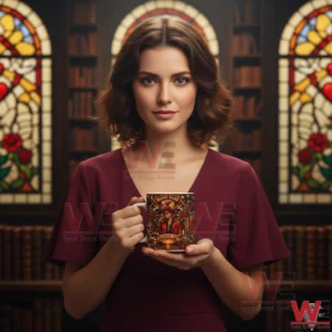 Woman holding a romantic singer themed ceramic mug in front of stained glass windows!