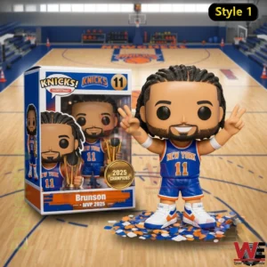 Basketball collectible figure in New York uniform holding a trophy with championship packaging displayed on a basketball court!