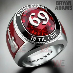 Silver ring with faceted red gemstone top raised number design engraved name and til i die text guitar emblem on the side and straight from the heart engraved inside!
