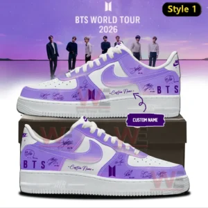 Purple and white Nike Air Force one sneaker with BTS logo signature style graphics and custom name shown on a shoebox with BTS world tour 2026 background