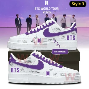 White and deep purple Nike Air Force one sneaker with BTS logos signature style markings and custom name displayed on a shoebox with BTS world tour 2026 background