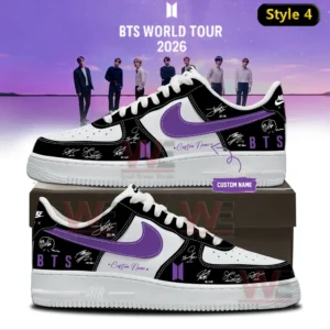 Black and white Nike Air Force one sneaker with purple swoosh BTS text signature style graphics and custom name shown on a shoebox with BTS world tour 2026 background