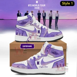Two purple and white high top sneakers with BTS logos signature accents custom name text and BTS World Tour 2026 backdrop displayed on a shoebox!
