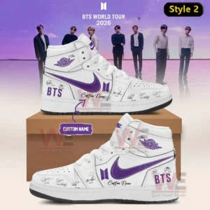BTS Comeback & World Tour 2026 Limited Edition Signature Air Jordan High Shoes 10 Two white and purple high top sneakers with BTS logos signature graphics and custom name detail shown on a shoebox with BTS World Tour 2026 background!