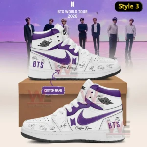BTS Comeback & World Tour 2026 Limited Edition Signature Air Jordan High Shoes 11 Two white and deep purple high top sneakers with BTS logos signature accents custom name text and BTS World Tour 2026 background displayed on a shoebox!