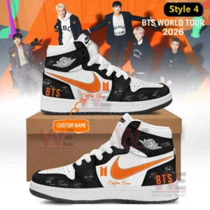 BTS Comeback & World Tour 2026 Limited Edition Signature Air Jordan High Shoes 12 Two black white and orange high top sneakers with BTS logos signature graphics custom name detail and BTS World Tour 2026 backdrop shown on a shoebox!