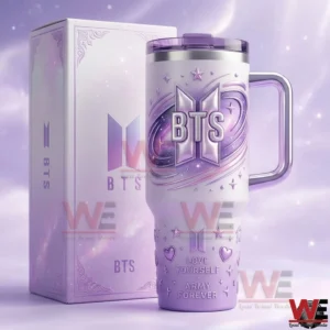 Purple BTS themed insulated tumbler with handle displayed next to a matching decorative box!
