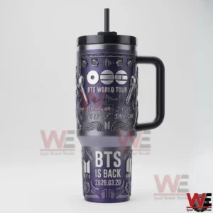 Purple BTS World Tour insulated tumbler with handle straw and BTS Is Back 2026.03.20 text displayed on a clean background!