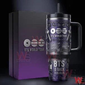BTS World Tour purple tumbler with handle and straw shown next to a matching presentation box on a dark background!