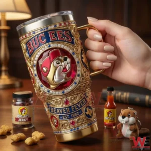 Hand holding an ornate Buc Ees tumbler in a cozy indoor setting!