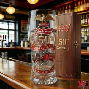 Budweiser one hundred fifty anniversary beer glass with eagle logo and vintage design on a bar counter!