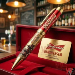Budweiser collector pen in a red display box on a bar counter!