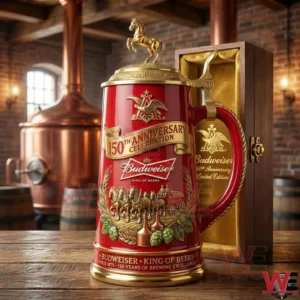 A red and gold Budweiser heritage beer stein displayed on a wooden table inside a classic brewery!