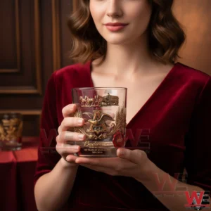 A woman holding a Budweiser anniversary glass with classic eagle design!